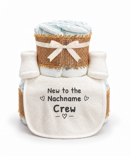Windeltorte personalisiert „New to the [Nachname] Crew“
