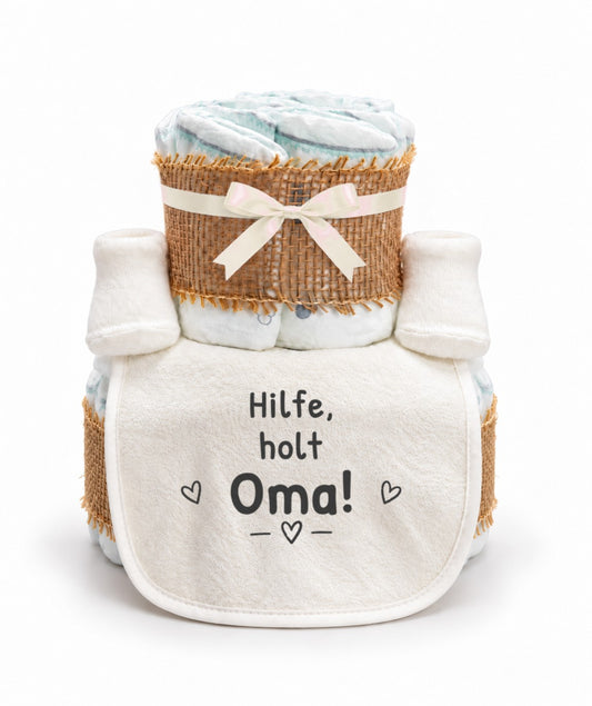 Windeltorte mit Spruch „Hilfe, holt Oma!“