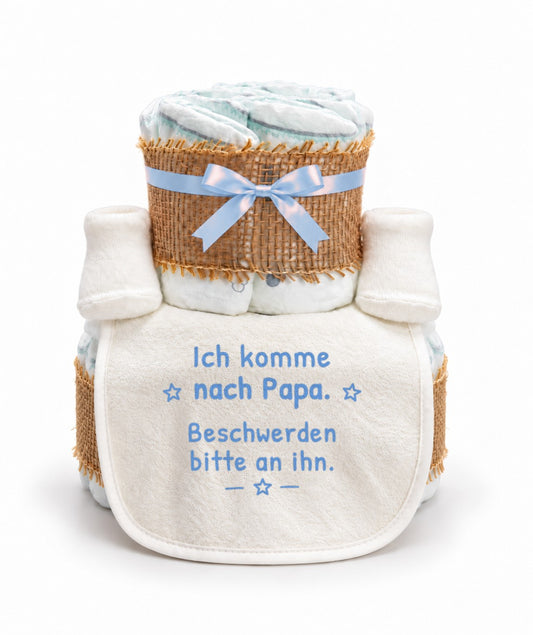 Windeltorte mit Spruch „Ich komme nach Papa. Beschwerden bitte an ihn.“