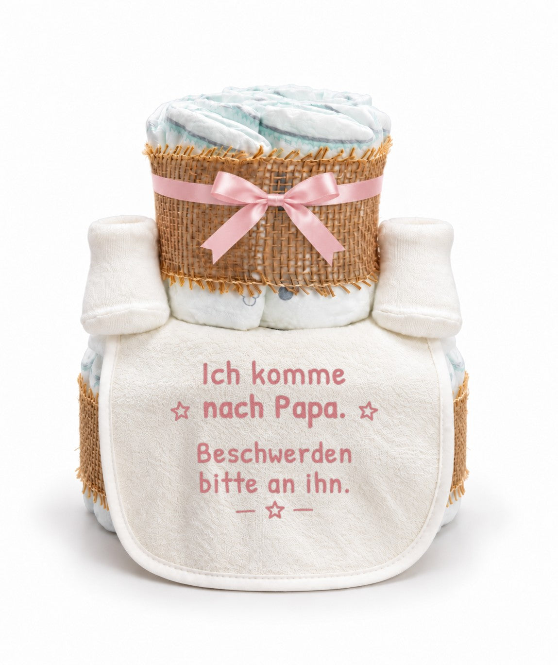 Windeltorte mit Spruch „Ich komme nach Papa. Beschwerden bitte an ihn.“