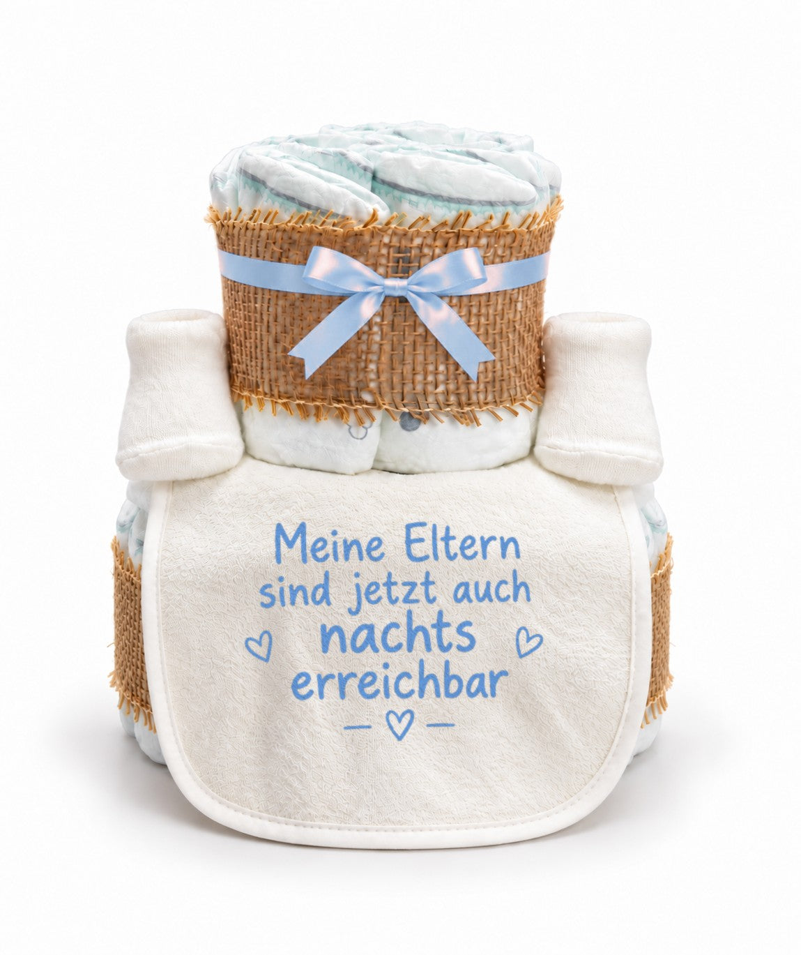 Windeltorte mit Spruch „Meine Eltern sind jetzt auch nachts erreichbar“