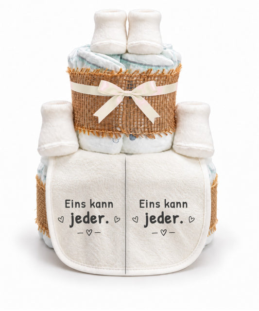Windeltorte Zwillinge mit Spruch „Eins kann jeder.“