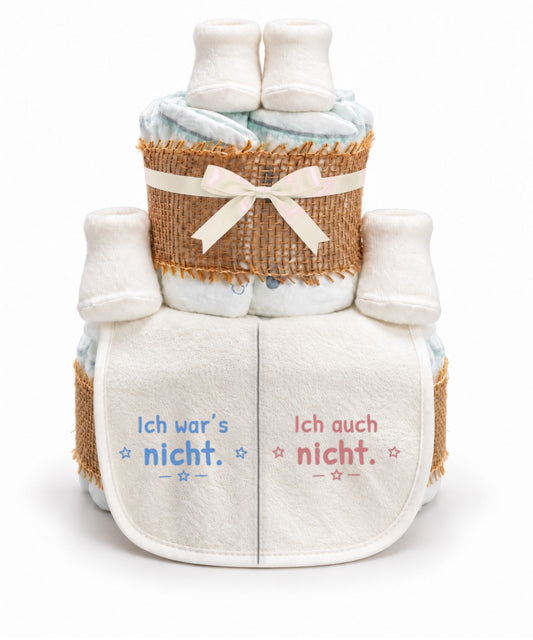 Windeltorte Zwillinge mit Spruch „Ich war's nicht.“ & „Ich auch nicht.“