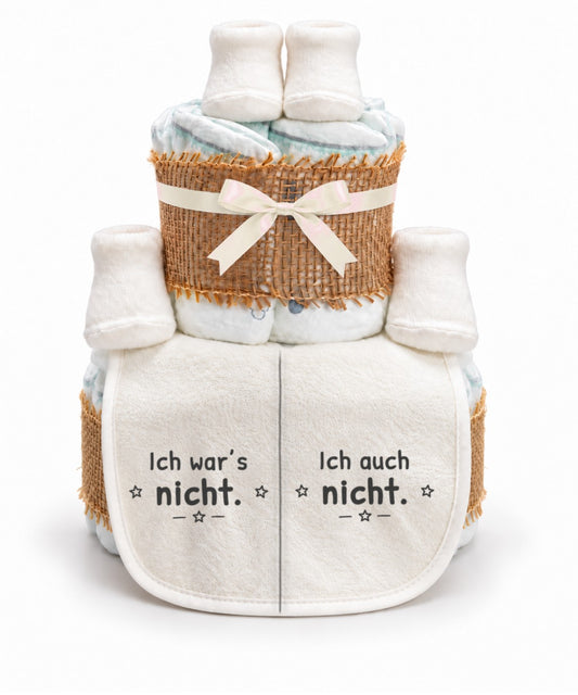 Windeltorte Zwillinge mit Spruch „Ich war's nicht.“ & „Ich auch nicht.“