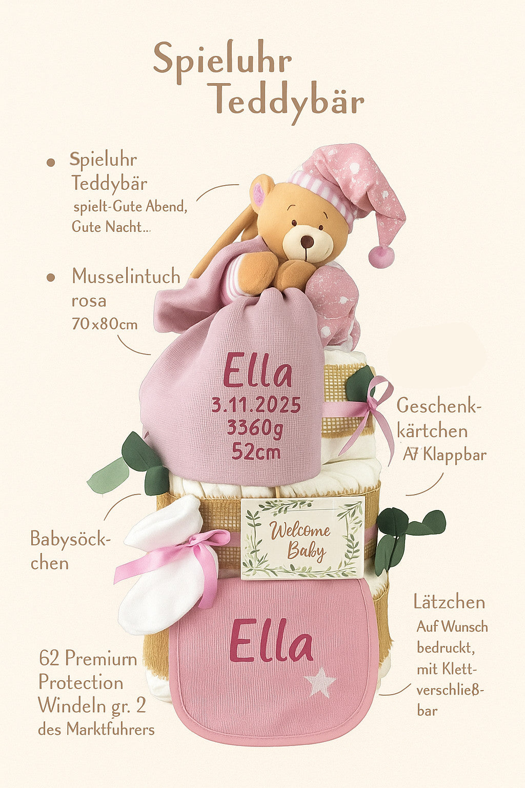 Premium Windeltorte rosa | Spieluhr Teddybär, Musselintuch, Lätzchen | Personalisierbar | 4-stöckig