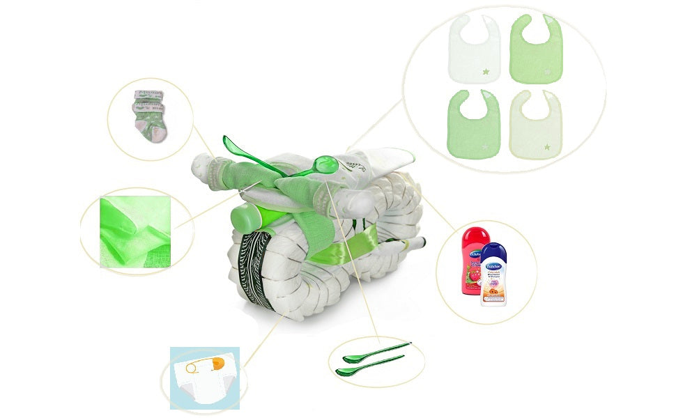 Overview of the green diaper motorcycle with callouts for socks, bibs, baby-care items and spoons