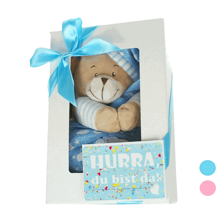Geschenkbox mit Spieluhr Bär im weichen Schlafanzug als Geschenk zur Geburt
