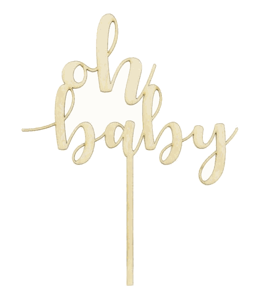 Cake-Topper „oh baby" aus Naturholz mit filigranem Schriftzug für Babyparty-Deko