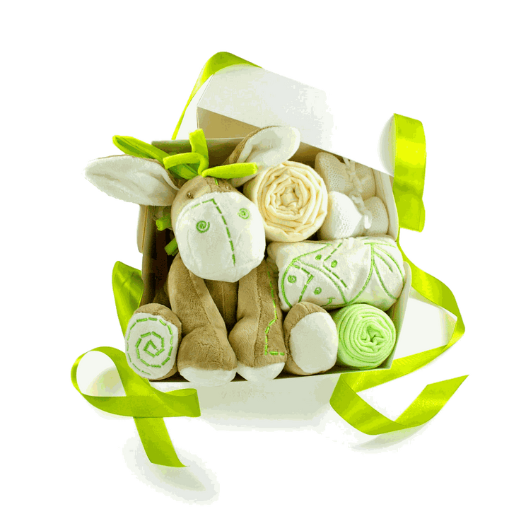 Grüne Geschenkbox zur Geburt mit Kuschelesel, cremefarbenem Moltontuch, farbigem Mulltuch, besticktem Lätzchen und gestrickten Babybooties, dekoriert mit Schleifenband