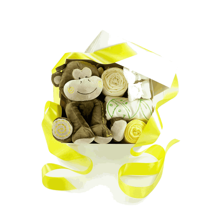 Gelbe Safari-Geschenkbox zur Geburt mit Plüsch-Spieluhr Affe, Moltontuch, Mulltuch, Lätzchen und Babybooties