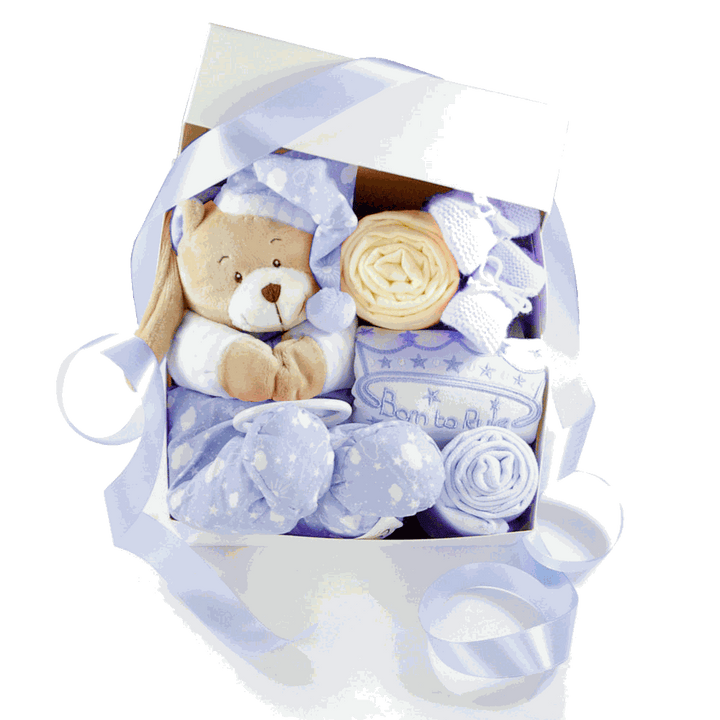 Blaue Geschenkbox zur Geburt für Jungen mit Teddybär-Spieluhr, Mulltuch, Lätzchen und Babyschuhen, sechsteiliges Set
