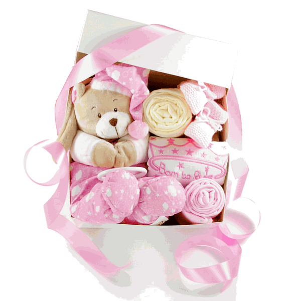 Geschenkbox zur Geburt in Rosa mit Spieluhr Teddybär, Moltontuch und gestrickten Babybooties