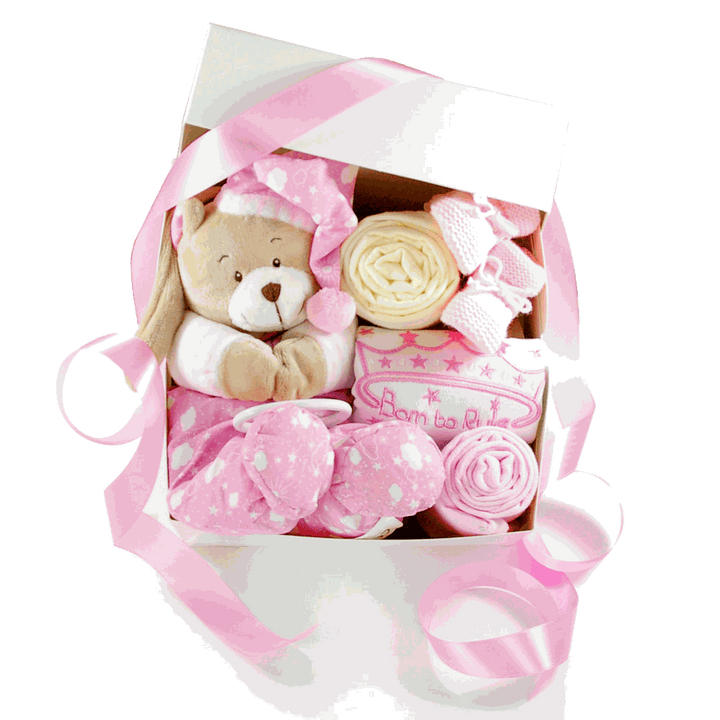 Geschenkbox zur Geburt in Rosa mit Spieluhr Teddybär, Moltontuch und gestrickten Babybooties