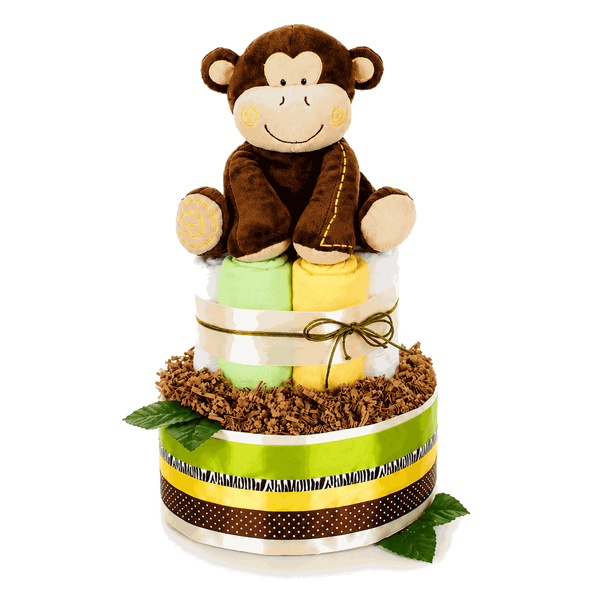 Große Safari-Windeltorte mit braunem Affen, grün-gelben Akzenten, Blättern und gemusterten Bändern