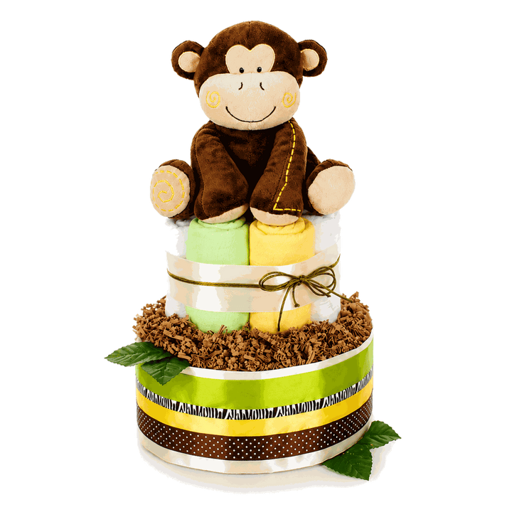 Große Safari-Windeltorte mit braunem Affen, grün-gelben Akzenten, Blättern und gemusterten Bändern