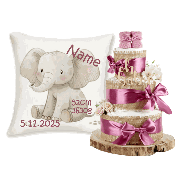 Große Windeltorte „Alles Jute“ in Plum mit personalisiertem Baby-Dekokissen mit Elefant – Geschenk zur Geburt