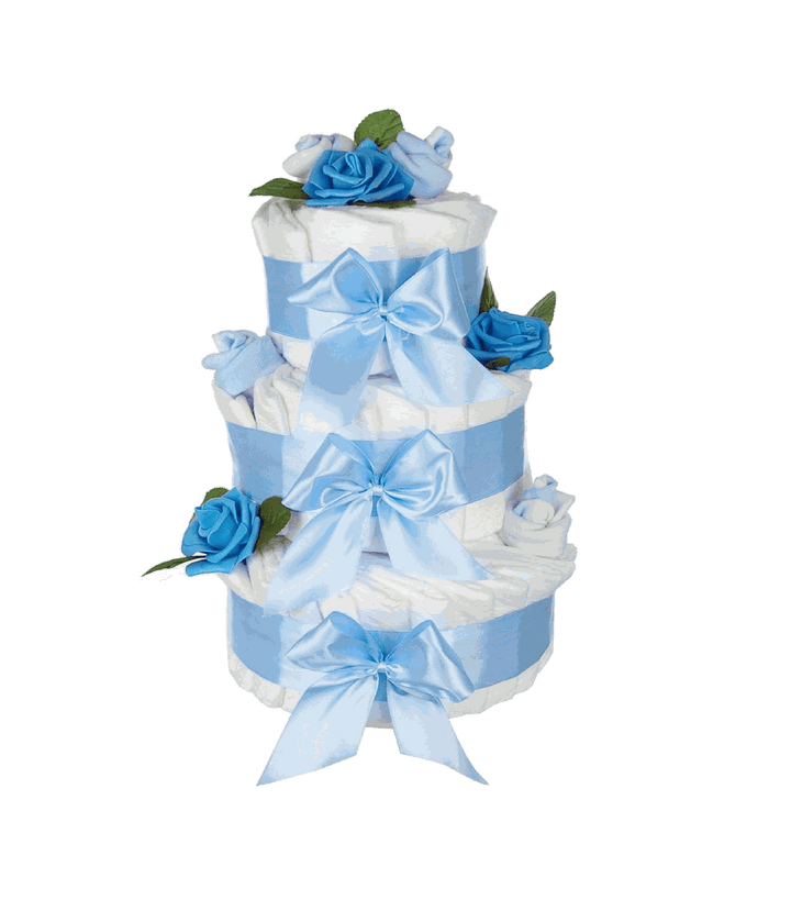 Blaue Windeltorte aus Pampers Premium Protection Windeln, dreistöckig aufgebaut