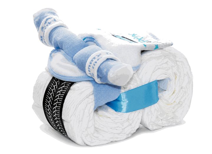 Kleines Windelmotorrad in Blau aus Pampers-Windeln, handgefertigt als Geschenk zur Geburt eines Jungen