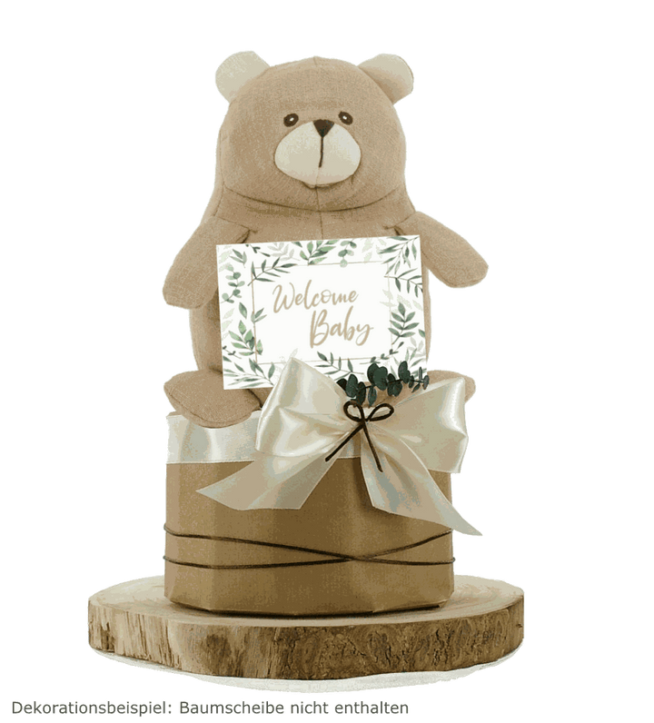 Plastikfreie Windeltorte neutral mit Kuschelbär aus 100% Leinen als Geschenk zur Geburt