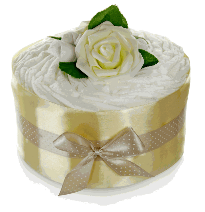 Freigestellte Windeltorte in Gold und Creme mit drei Rosen, grünen Blättern und cremefarbener Schleife
