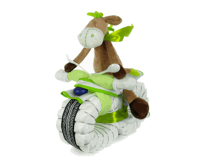 Windelmotorrad Rockstar mit allen enthaltenen Babyartikeln in der Übersicht – neutrales Geschenk zur Geburt