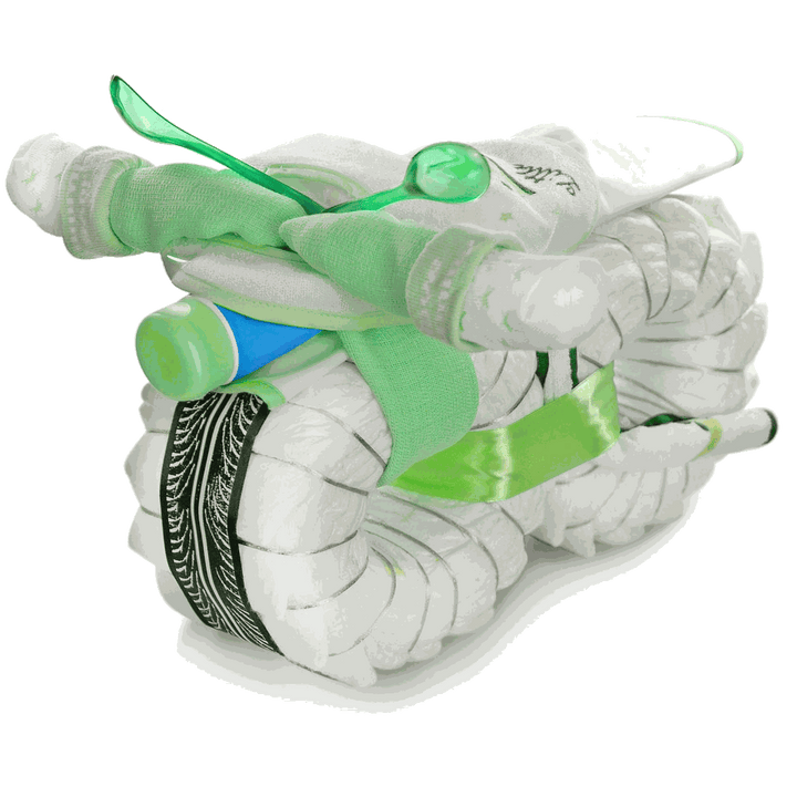Grünes Windelmotorrad mit Babyartikeln und Pampers Premium Protection Windeln