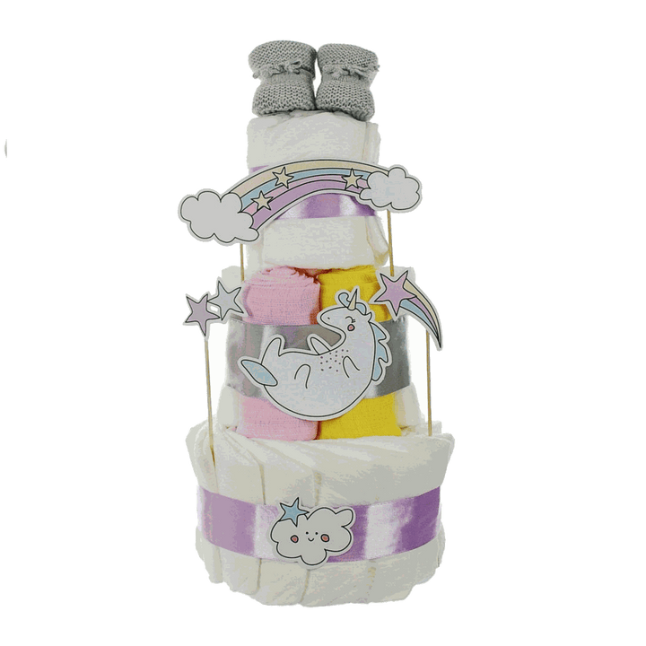 Dreistöckige Windeltorte Baby Unicorn in Rosa und Flieder als Geschenk zur Geburt eines Mädchens