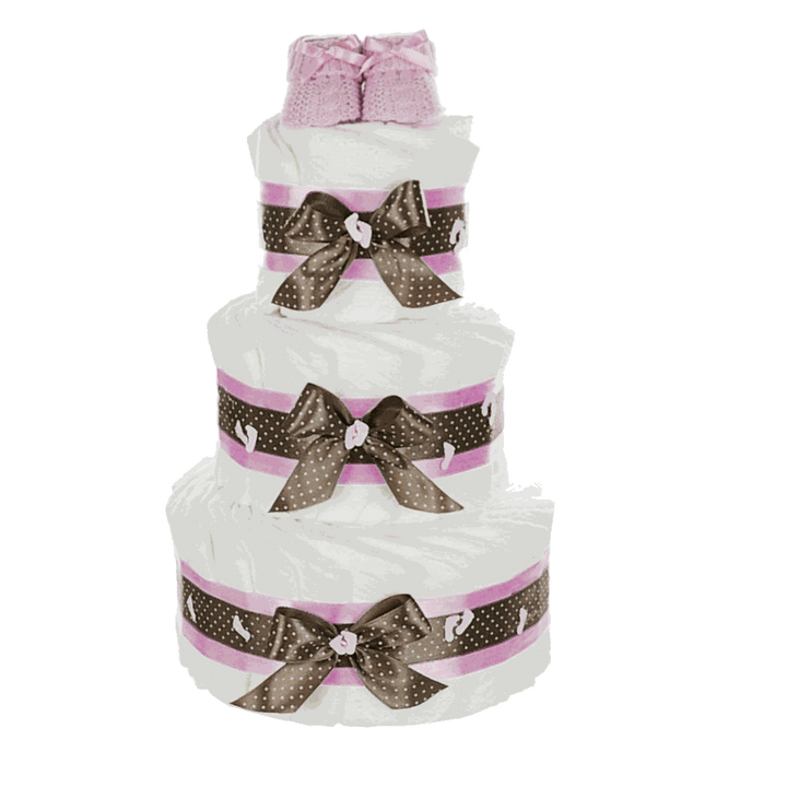 Rosa Windeltorte, 3-stöckig, von der Seite – handgefertigtes Geschenk zur Geburt eines Mädchens