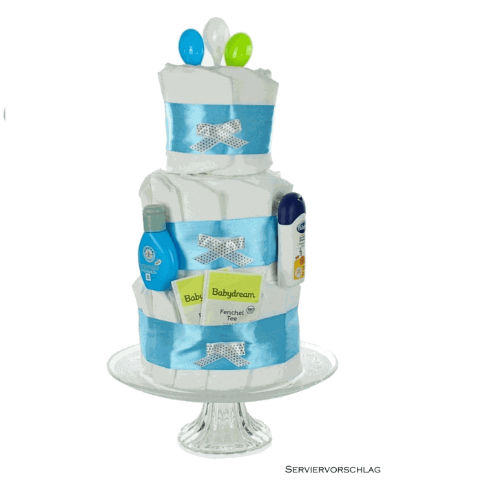 A7-Grußkärtchen „Hurra, du bist da!“ passend zur blauen Windeltorte zur Geburt