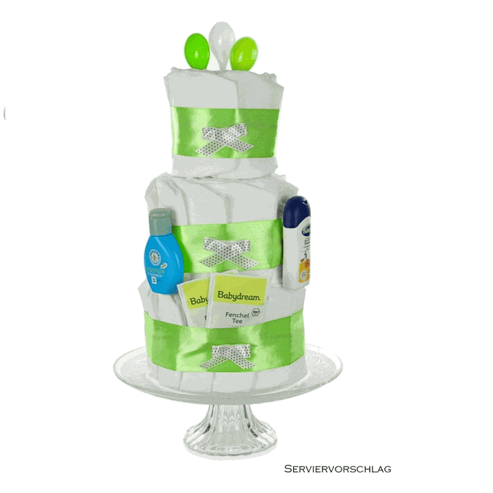 Detailansicht der eingearbeiteten Pampers Premium Protection Windeln der grünen Windeltorte