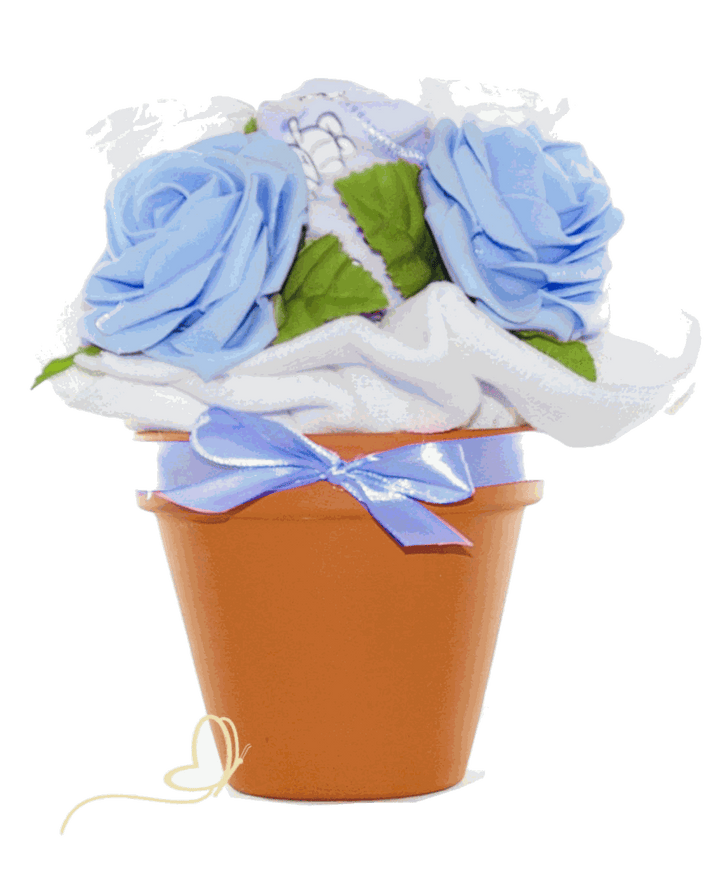 Windeltorte Blumenstrauß im Tontopf in Blau – handgemachte Windelfigur als Geschenk zur Geburt eines Jungen