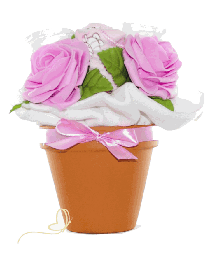 Windeltorten-Blumenstrauß im Tontopf in Rosa – handgemachte Windelfigur mit Babyset als Geschenk zur Geburt eines Mädchens