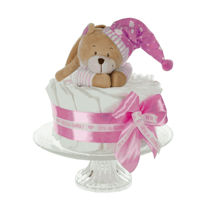 Windeltorte in Rosa zur Geburt eines Mädchens mit kuscheliger Teddybär-Spieluhr, handgefertigt