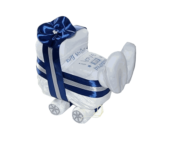 Handgefertigter Windelwagen aus Pampers Premium Protection Windeln in Blau – Geschenk zur Geburt eines Jungen