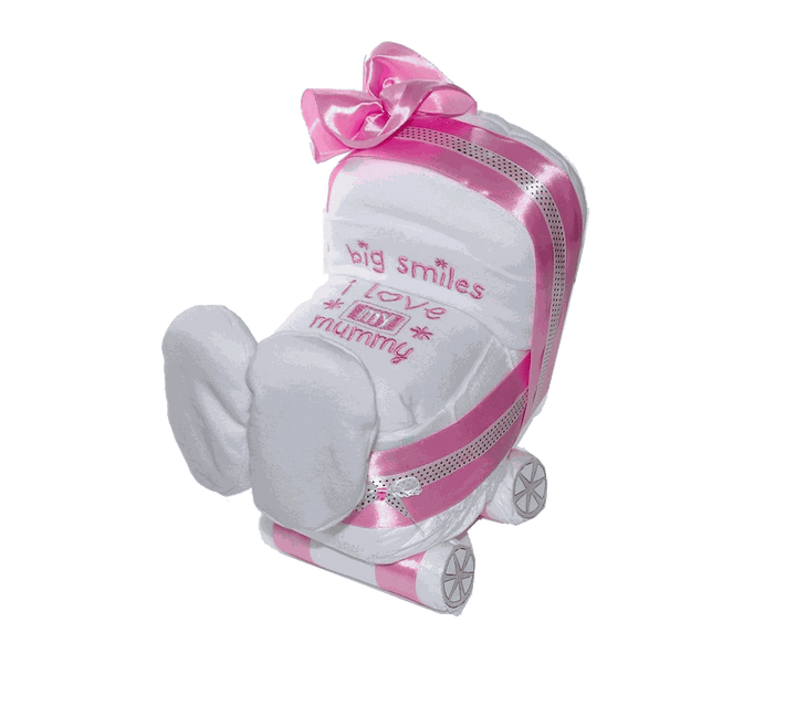 Windeltorte Windelwagen in Rosa mit dreiteiligem Babyset – Geschenk zur Geburt eines Mädchens
