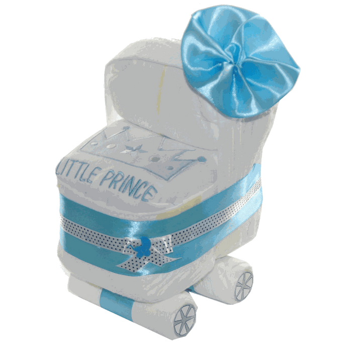 Handgefertigter Windelwagen in Blau aus Pampers Premium Protection Windeln – Geschenk zur Geburt für einen Jungen