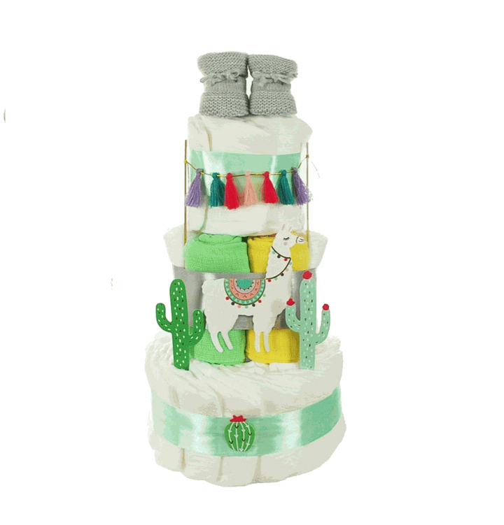 Windeltorte im Lala-Lama-Design in Türkis mit Mullwindeln und Babybooties als Geschenk zur Geburt