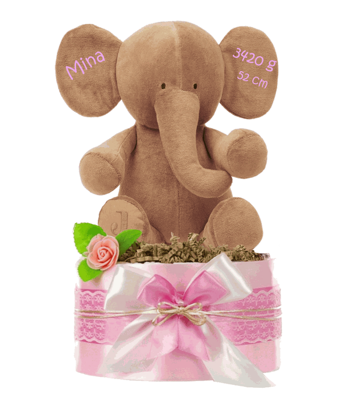 Infografik zur rosa Windeltorte LITTLE PEANUT mit Elefant und Pampers Premium Protection Windeln