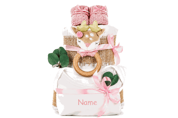Personalisierbarer Babybody aus 100 % Baumwolle der Windeltorte Reh Ella