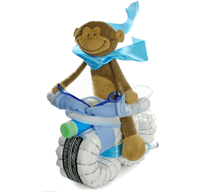 Übersicht der enthaltenen Babyartikel der Windelmotorrad-Windeltorte in Blau