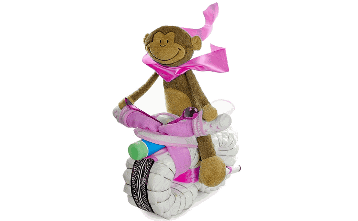 Rosa Windelmotorrad aus Pampers Windeln mit kuscheligem Schlenkeraffe, seitliche Ansicht