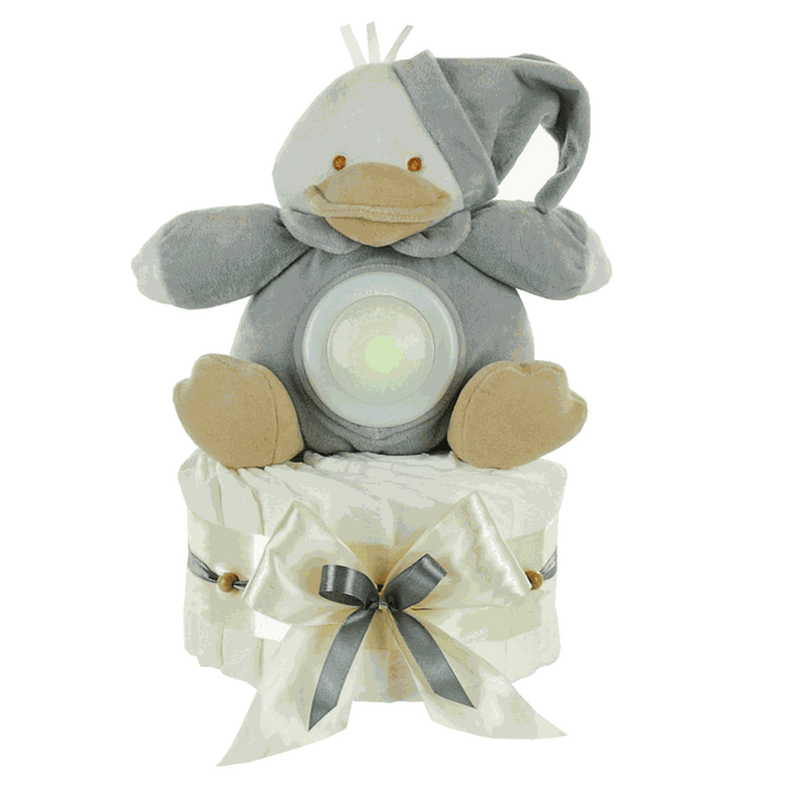 Neutrale Windeltorte mit grauer Kuschelente und 18 Pampers Premium Protection Windeln, fertig verpackt zum Verschenken.