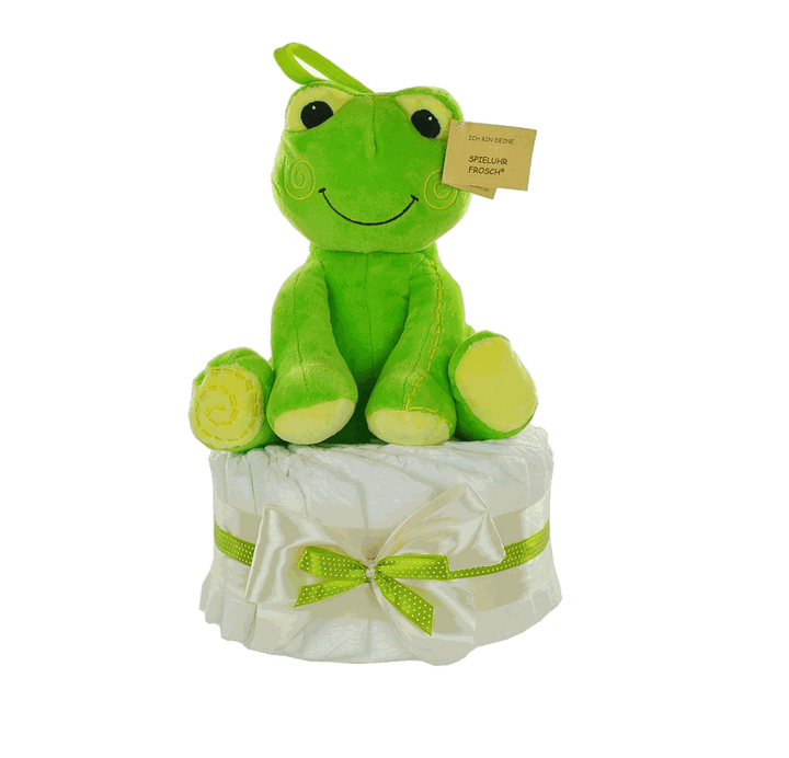 Neutrale Windeltorte mit Spieluhr Frosch in Beige, Creme und Grün, handgemachtes Geschenk zur Geburt