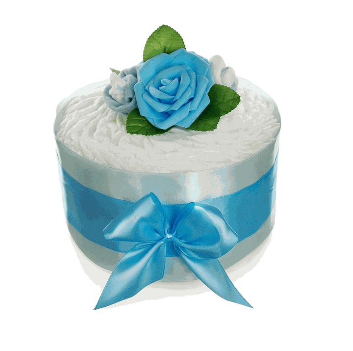 Windeltorte Rosenblüte in Blau mit Satinschleife, großer Rose und zwei Söckchenblüten