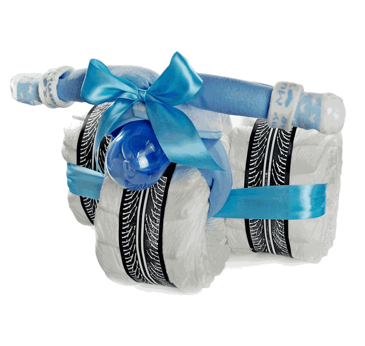 Windeltorte Windeldreirad CRUISER in Blau, von Hand gefertigt aus Pampers Windeln – Geschenk zur Geburt für einen Jungen