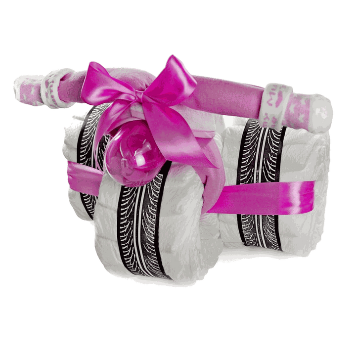 Windeltorte Windeldreirad CRUISER in Rosa, handgefertigt aus 36 Pampers Premium Protection Windeln – Geschenk zur Geburt für ein kleines Mädchen