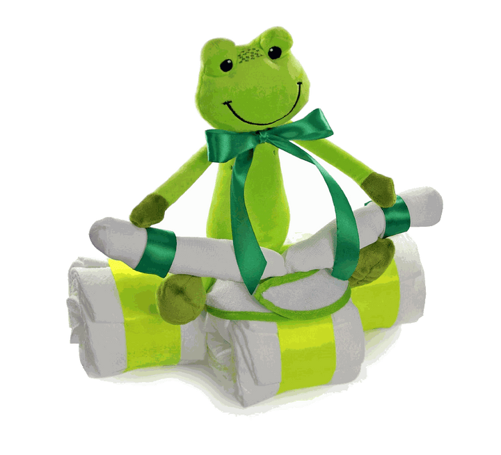 Windeltorte Windeldreirad mit grünem Schlenkerfrosch – handgefertigtes Geschenk zur Geburt von dubistda