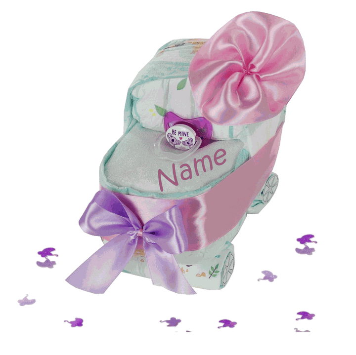 Handgefertigter Windelwagen aus Pampers Premium Protection Windeln in Rosa, Geschenk zur Geburt für ein Mädchen