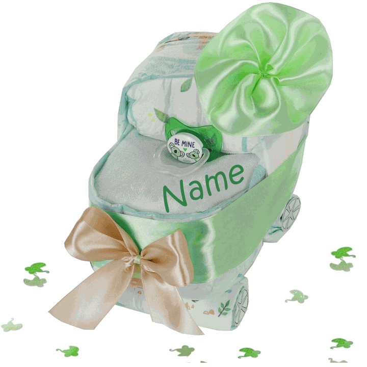Handgefertigter Windelwagen aus Pampers Baby Dry Windeln in Grün mit Wunschname – Geschenk zur Geburt