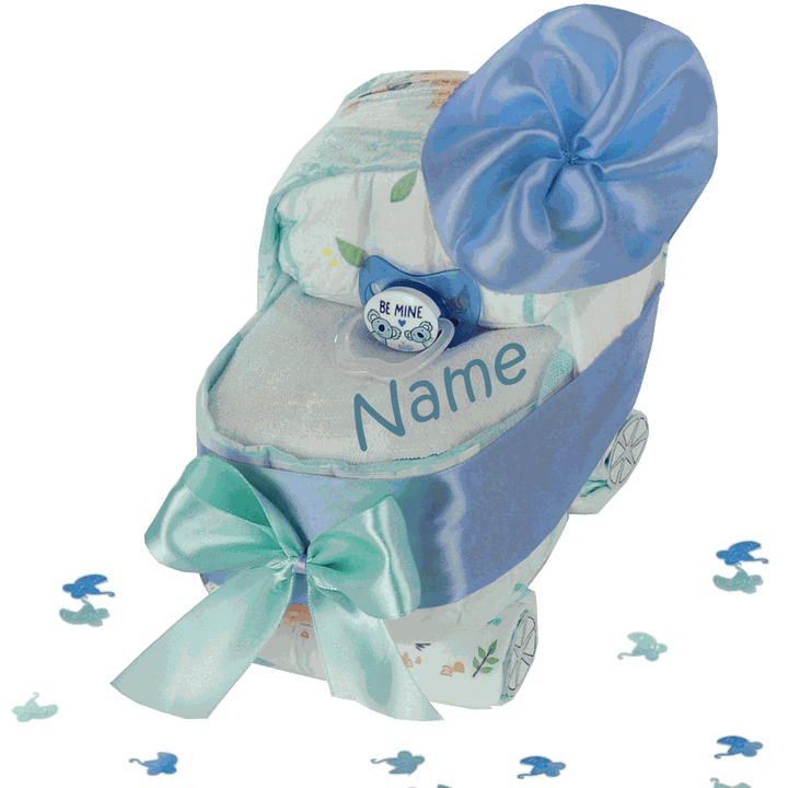 Windelwagen Windeltorte in Blau aus Pampers Baby-Dry Windeln, Geschenk zur Geburt eines Jungen